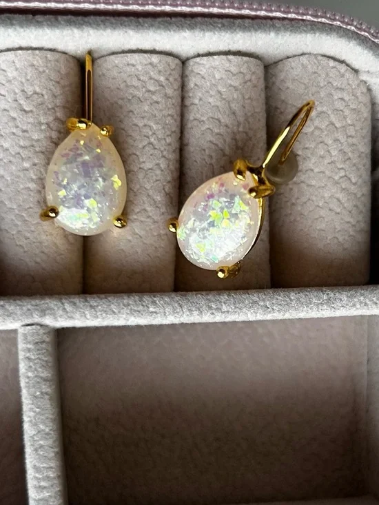 Gold tone Teardrop faux Opal Dangle Earrings - White Iridescent - Picture 1 of 2
